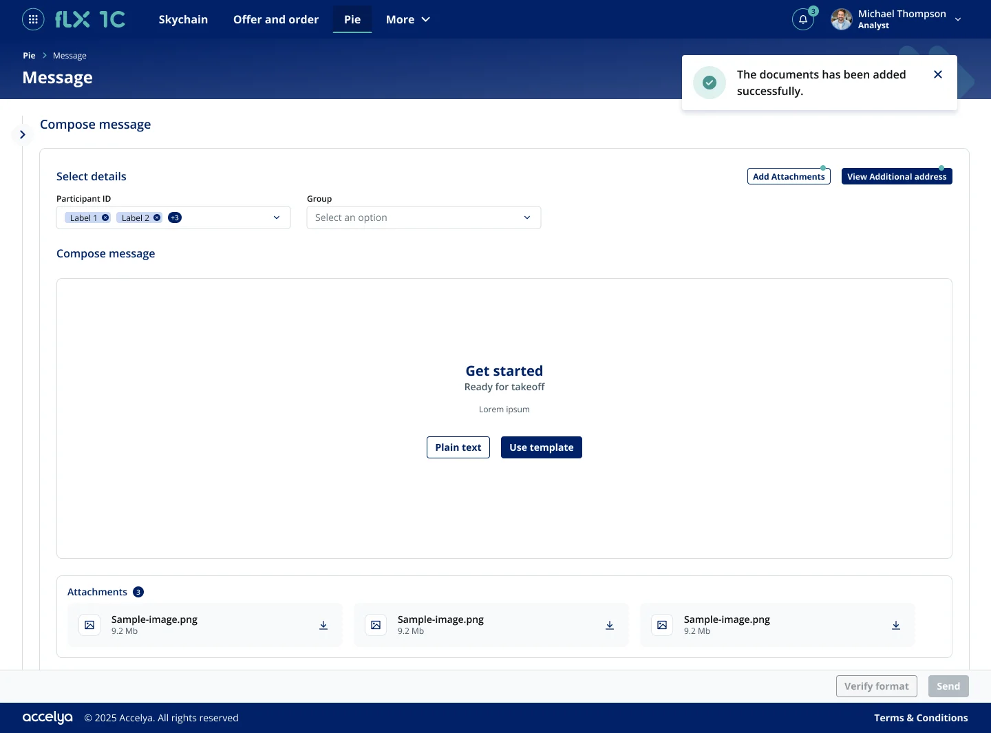 Compose message with participants selected and attachments added