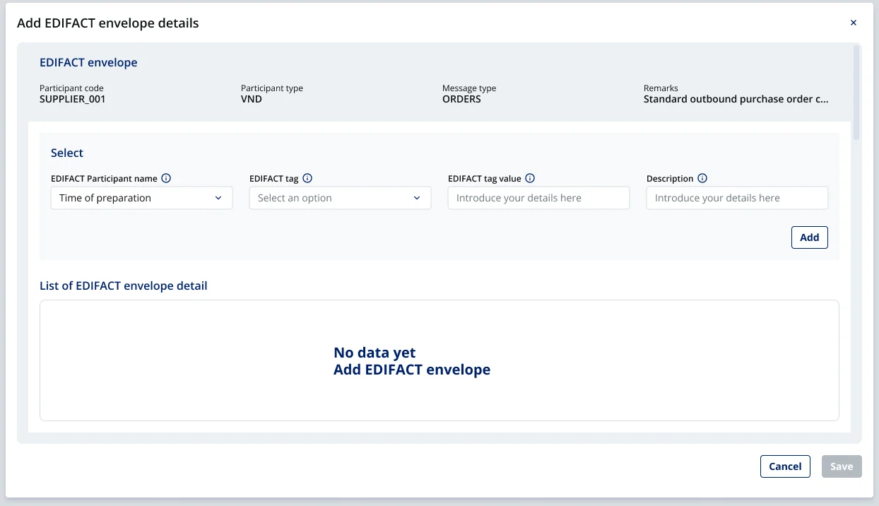 Add EDIFACT envelope details modal