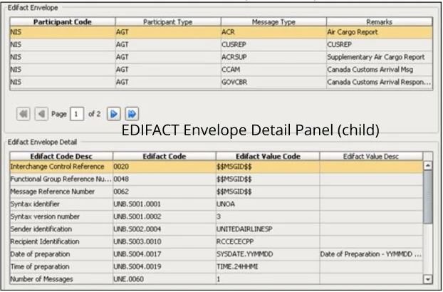 Before: legacy EDIFACT envelope parent and child panels