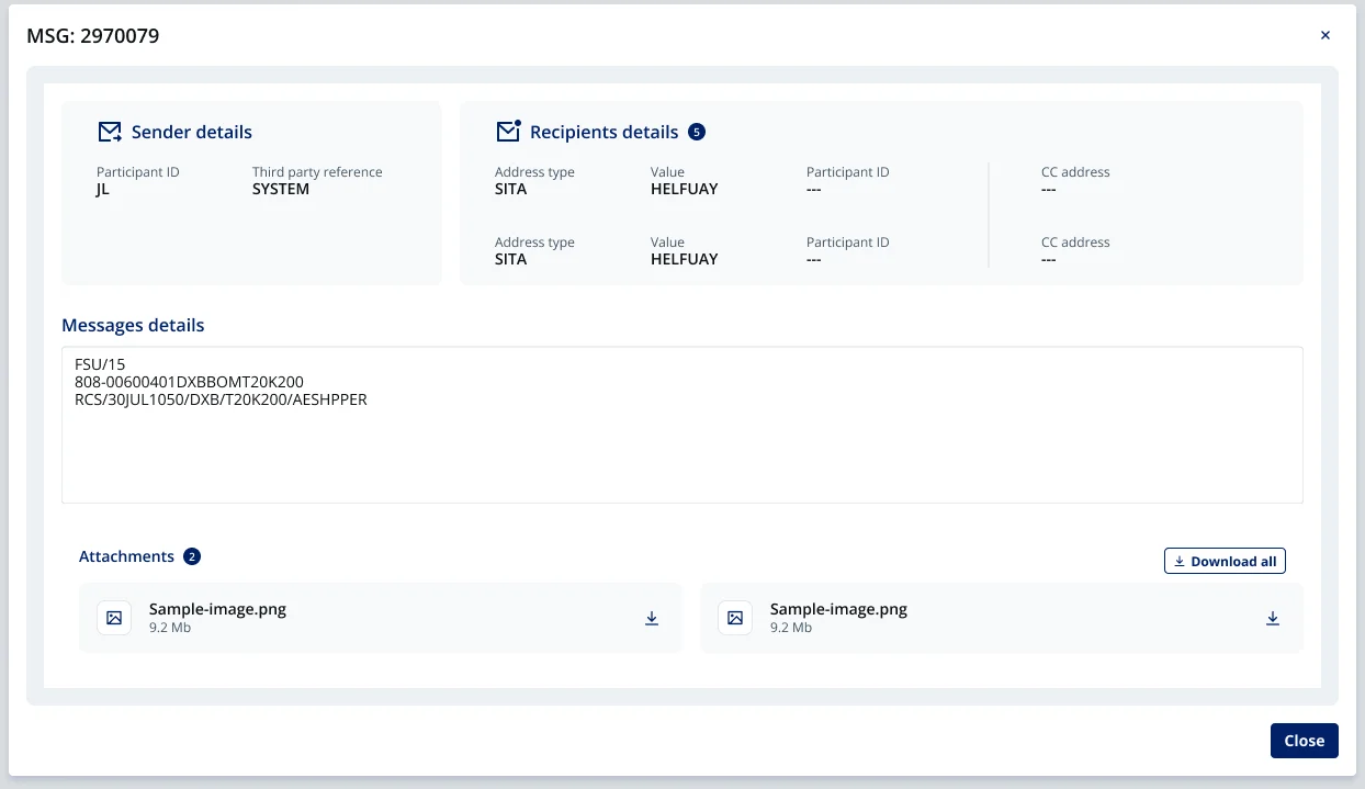 Message details modal with sender, recipients, message and attachments