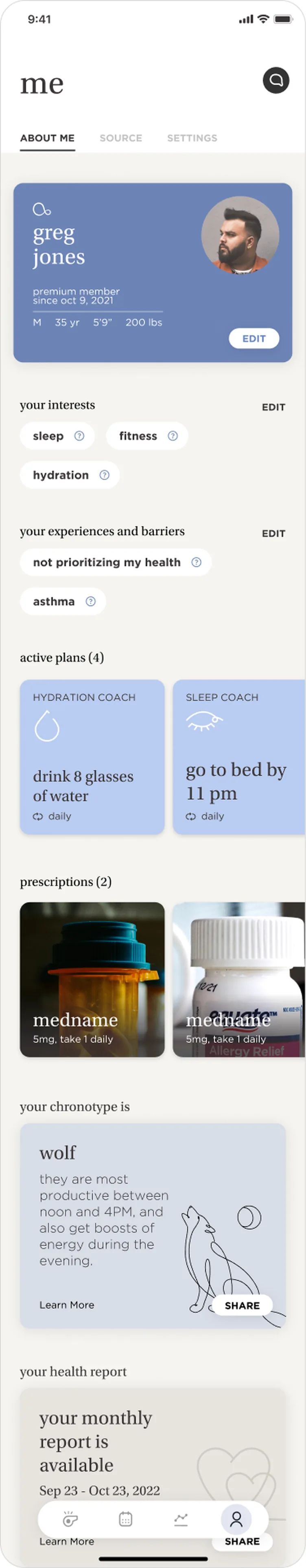 Profile screen, V1.1