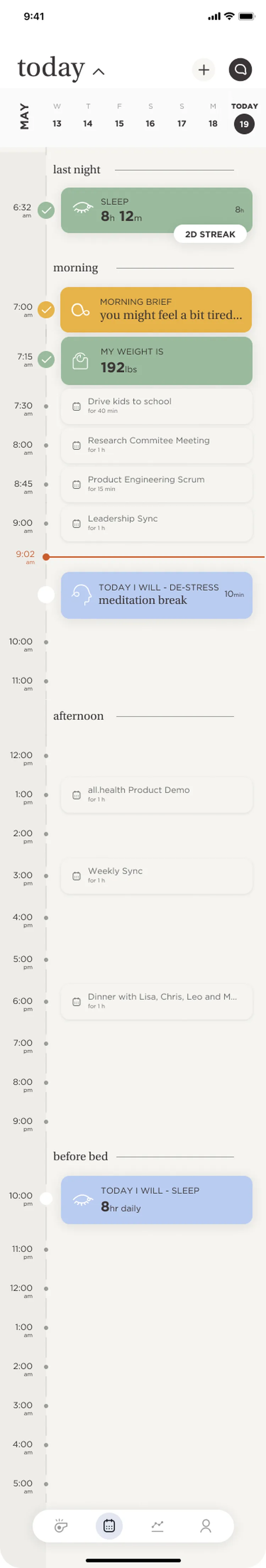 Today: sleep, briefs, weight, meetings and plans on one timeline.