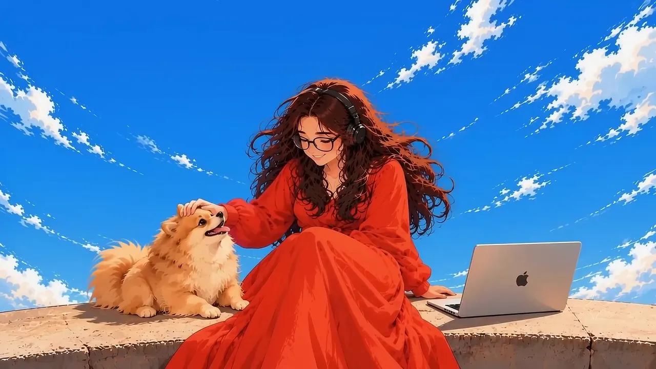 Illustrated Payel in a red dress with her dog Candy and a laptop, sitting on a ledge under a blue sky