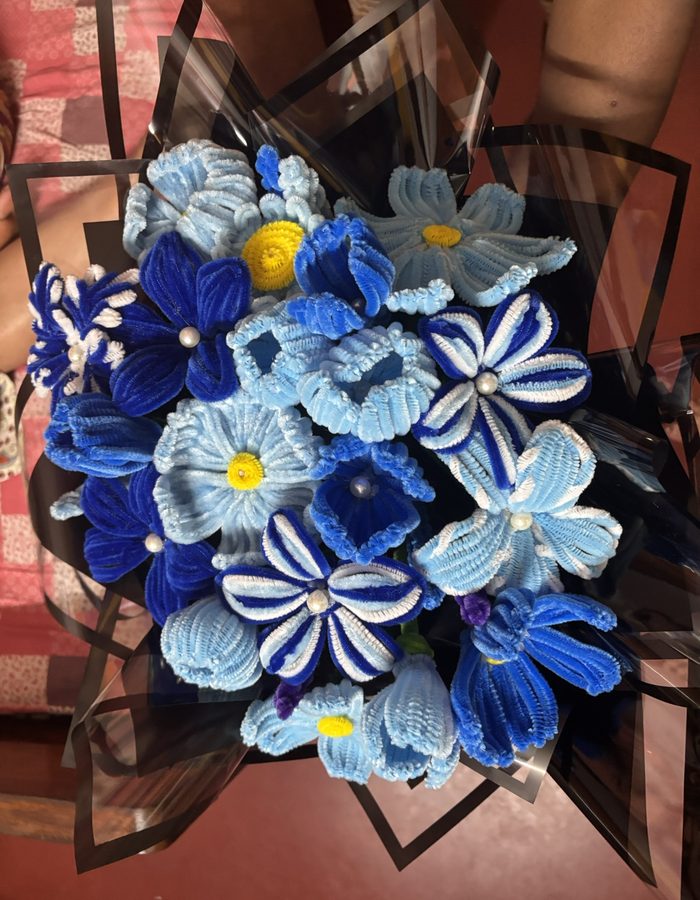A bouquet of handmade blue flowers