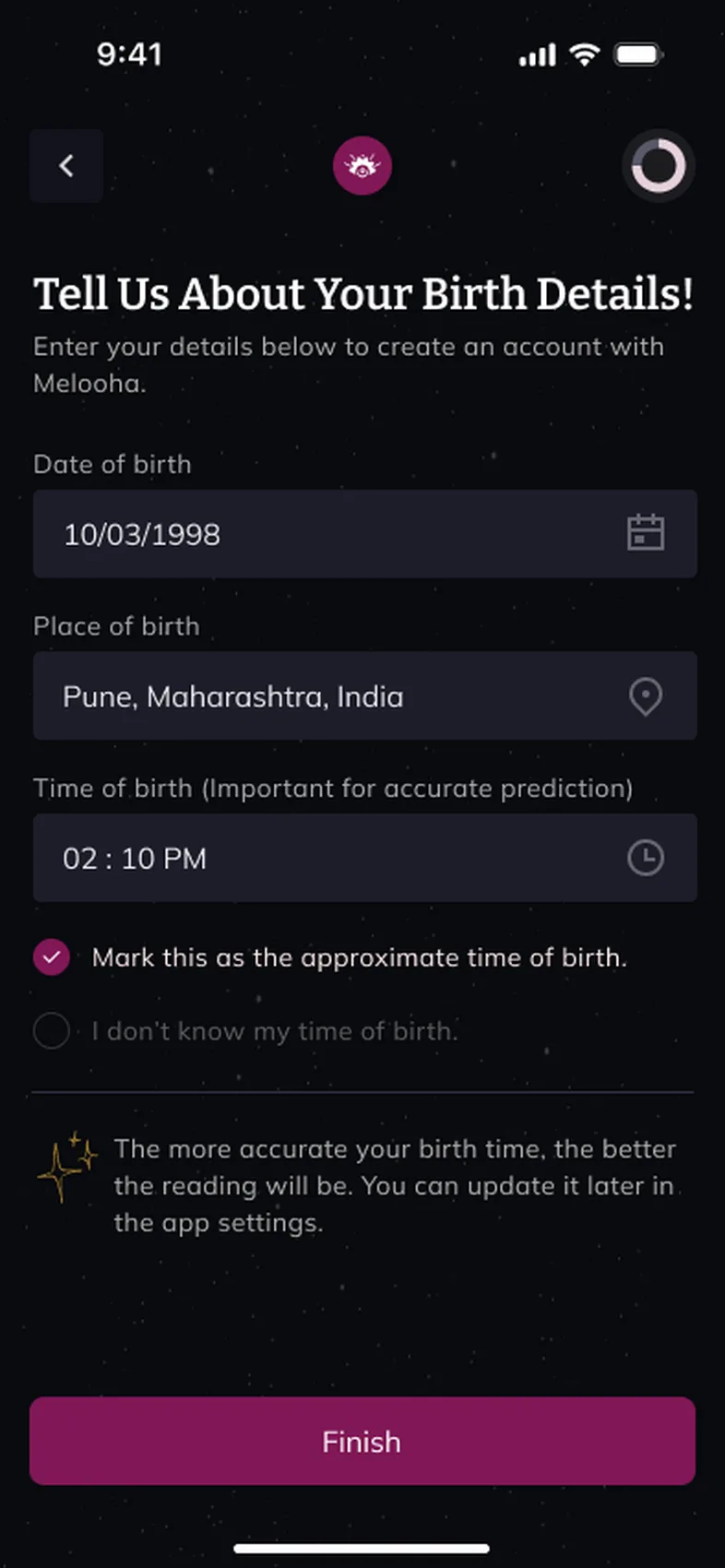 Birth details, with options for an approximate or unknown time.